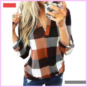 V-Neck Plaid Print Long Sleeve Button-Down Blouse S-3XL